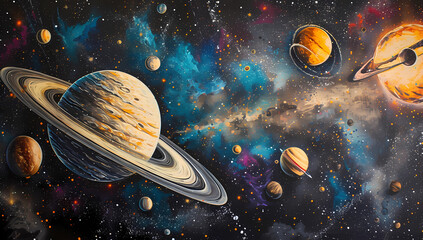 painting depicting the solar system and space