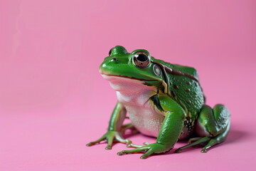 Fototapeta premium Green frog on the pink background