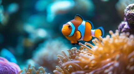 Naklejka na ściany i meble The natural wonder of marine ecosystems, observed through clownfish life.