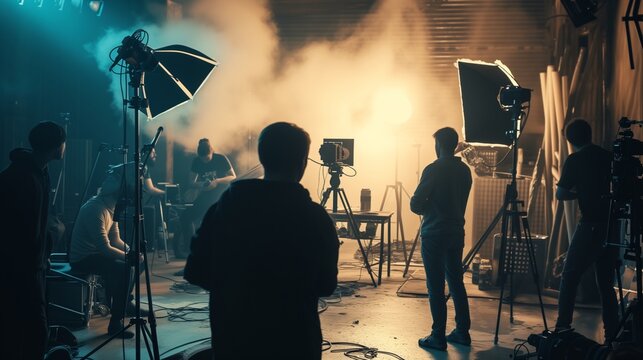 The production team actively engaged in recording a scene with professional equipment.