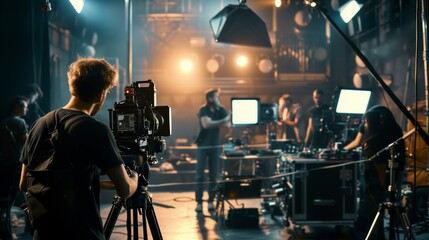Inside the filmmaking process with a crew handling cameras, lighting, and set design on a film set. - obrazy, fototapety, plakaty