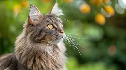 Naklejka na ściany i meble A Maine Coon's attentive gaze and relaxed posture are set against a backdrop of nature, showcasing the breed's harmonious blend of wild and domestic.