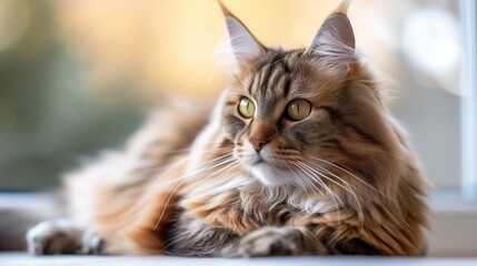 A close-up of a Maine Coon's face reveals the beauty of its feline features, from the tufted ears to the vibrant, golden eyes.