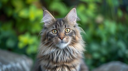 Naklejka na ściany i meble The expressive face of a Maine Coon, with its sharp whiskers and golden eyes, is beautifully framed by the soft light of the evening.
