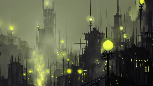 A futuristic city skyline enveloped in fog, with yellow street lights creating an ethereal atmosphere.
