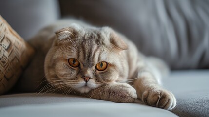 The majestic gaze of a Scottish Fold, lying down and relaxed, draws you into a moment of peaceful coexistence.