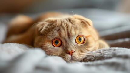 A close-up of a Scottish Fold cat, its folded ears and round face highlighted, exuding a sense of quiet contemplation.