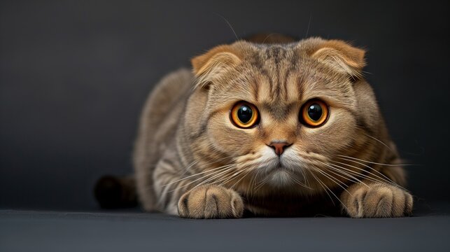 This Scottish Fold’s captivating gaze seems to reflect a depth of wisdom, its eyes a stark contrast to its soft gray fur.