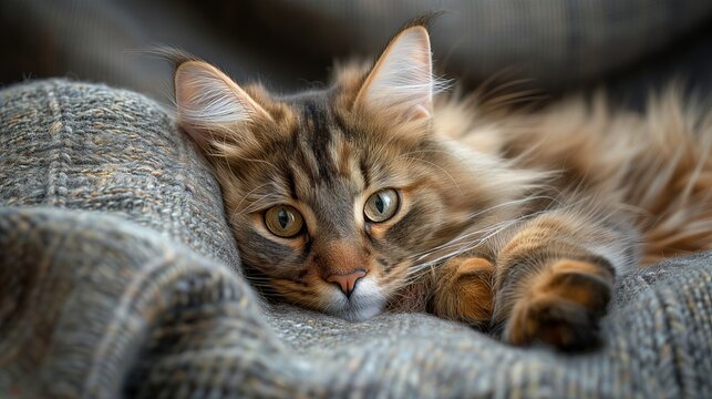 The camera focuses on the vibrant eyes and detailed fur of a Maine Coon, set against the golden glow of the evening, creating a striking image.