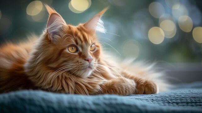 The warm evening light bathes a Maine Coon in a soft glow, accentuating its fluffy fur and deep, expressive eyes.