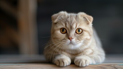 The Scottish Fold, with its unique ear shape and expressive eyes, lies comfortably, the picture of serene home life.