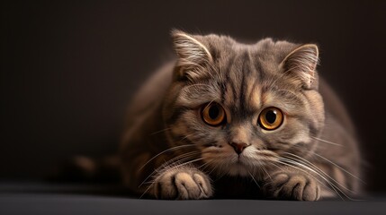 A Scottish Fold's big, amber eyes, full of contemplation, reflect the peaceful environment of its indoor habitat.