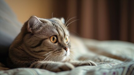 A Scottish Fold's gentle repose is captured against a soft background, emphasizing its relaxed posture and contemplative nature.