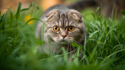 Naklejka na ściany i meble The Scottish Fold's wide, soul-searching eyes and folded ears are set against its soft fur, capturing a moment of feline grace.