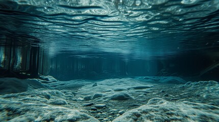 Sunbeams pierce through the clear icy waters revealing a frozen underwater world with snow-covered branches.
