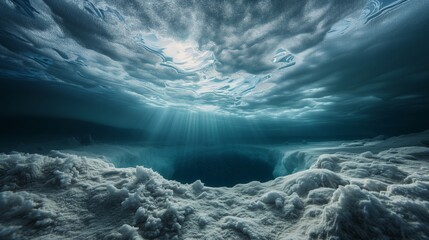 Below the frozen surface, an underwater forest sleeps in the embrace of winter, its beauty mirrored in the world above.