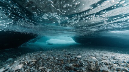 A serene landscape where the calm of the snowy forest above meets the frozen stillness of the underwater world below.