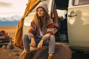 Young woman digital nomad engaging in remote work outside her vintage camper van, van life lifestyle - obrazy, fototapety, plakaty