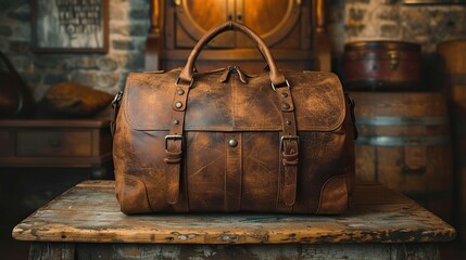 Fashionable leather briefcase on table