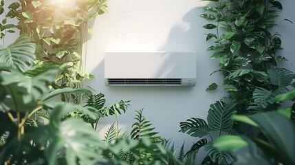 Air conditioner surrounded by green plants with a nice empty space for text, Generative AI.