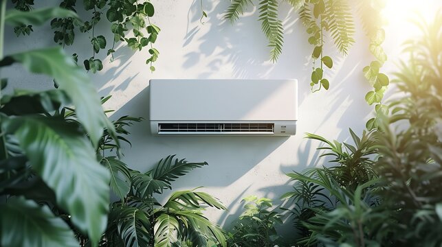 Air conditioner surrounded by green plants with a nice empty space for text, Generative AI.