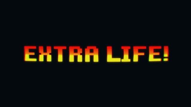 Animation of vibrant red and yellow text message saying Extra Life, retro 8-bit pixelated font. Intentional distortion for nostalgia, recalling classic vintage video games.