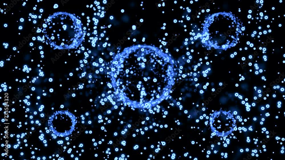 Poster animation with moving stream of bubbles and large circles. design. balls in space with distortion of