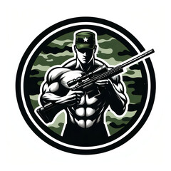 a circle emblem logo with a muscular army soldier holding a sniper and army camouflage in the logo