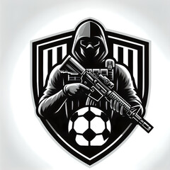 a soccer shield logo with a special forces agent holding a assault rifle inside the logo
