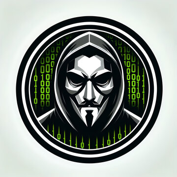 a circle logo with a masked hacker and green binary codes inside the logo