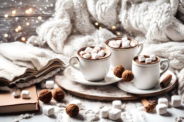 Cozy winter home background, cup of hot cocoa with marshmallow, old vintage books and warm knitted sweater on white painted wooden board background