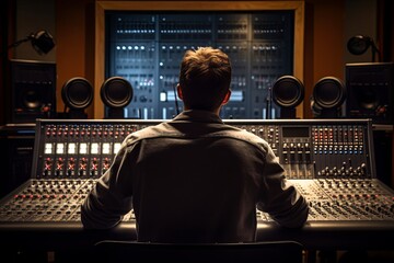 Rear view of a producer man using a sound mixer in the recording studio