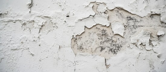 A detailed close-up shot of a white wall with peeling paint that resembles a snowy bedrock with artistic texture.