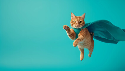 an orange tabby cat flying like a superhero