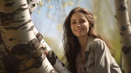Fototapeten Young smiling woman in a birch tree grove on a beautiful sunny spring day. AI Generated © Serhii