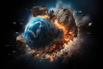 Planet Earth exploding from nuclear blast. Explosion of atomic bomb on the globe. Apocalypse, world war 3. AI Generated