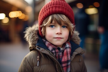 Portrait of a cute little boy with blue eyes in a warm coat and red hat on the street