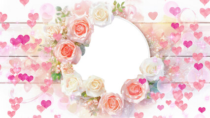 薔薇とハートの丸い枠のフォトフレーム:幸せな結婚式をイメージした花嫁のための装飾
