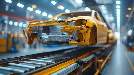 Car production line showing vehicle chassis and factory equipment - obrazy, fototapety, plakaty