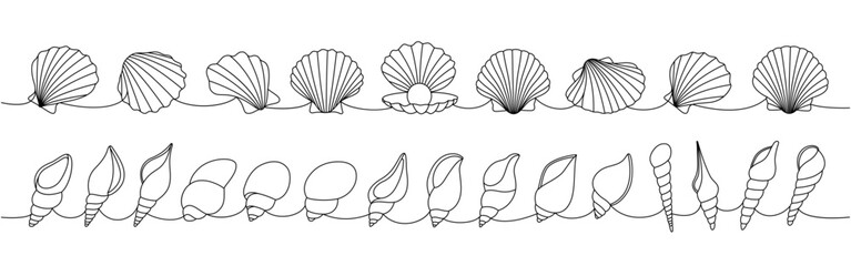 Sea shells set. Sea shells, mollusks, scallop, pearls. Tropical underwater shells continuous one line illustration. Vector minimalist illustration.