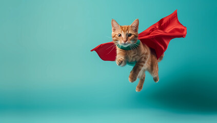 cat wearing a superhero cape flying over blue background