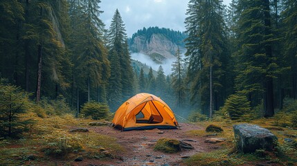 Camping picnic tent campground in outdoor hiking forest