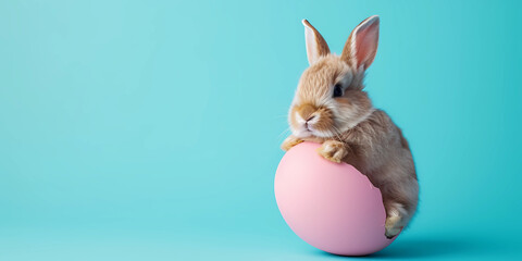 Fototapeta na wymiar cute bunny rabbit is sitting inside of a pink egg on blue background