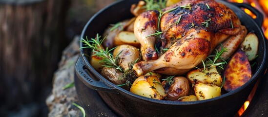 A skillet filled with chicken meat and potatoes is placed on a wooden table, ready to be served. It could be a delicious Betutu recipe or a flavorful Drunken chicken dish.