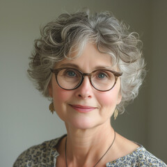 portrait of a senior woman with grey hair glasses