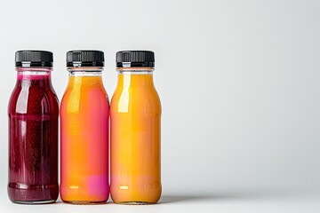 Different flavor of fruit juice in transparent bottle kept in a white backdrop with a empty space, Generative AI.