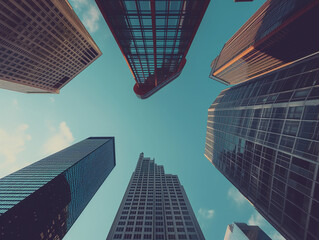 Fototapeta na wymiar skyscrapers in downtown city looking up towards the sky