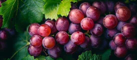 Obraz premium Red grapes clustered together during harvest, set against a backdrop of green grape leaves.