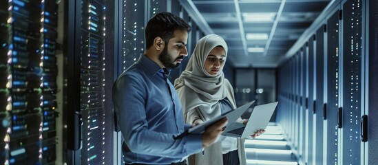 A man and a woman are sharing engineering data on a tablet at an event in a server room filled with machines.