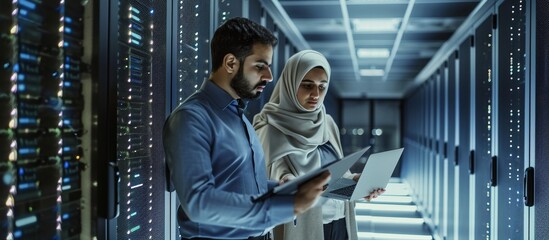 A man and a woman are sharing engineering data on a tablet at an event in a server room filled with machines. - Powered by Adobe